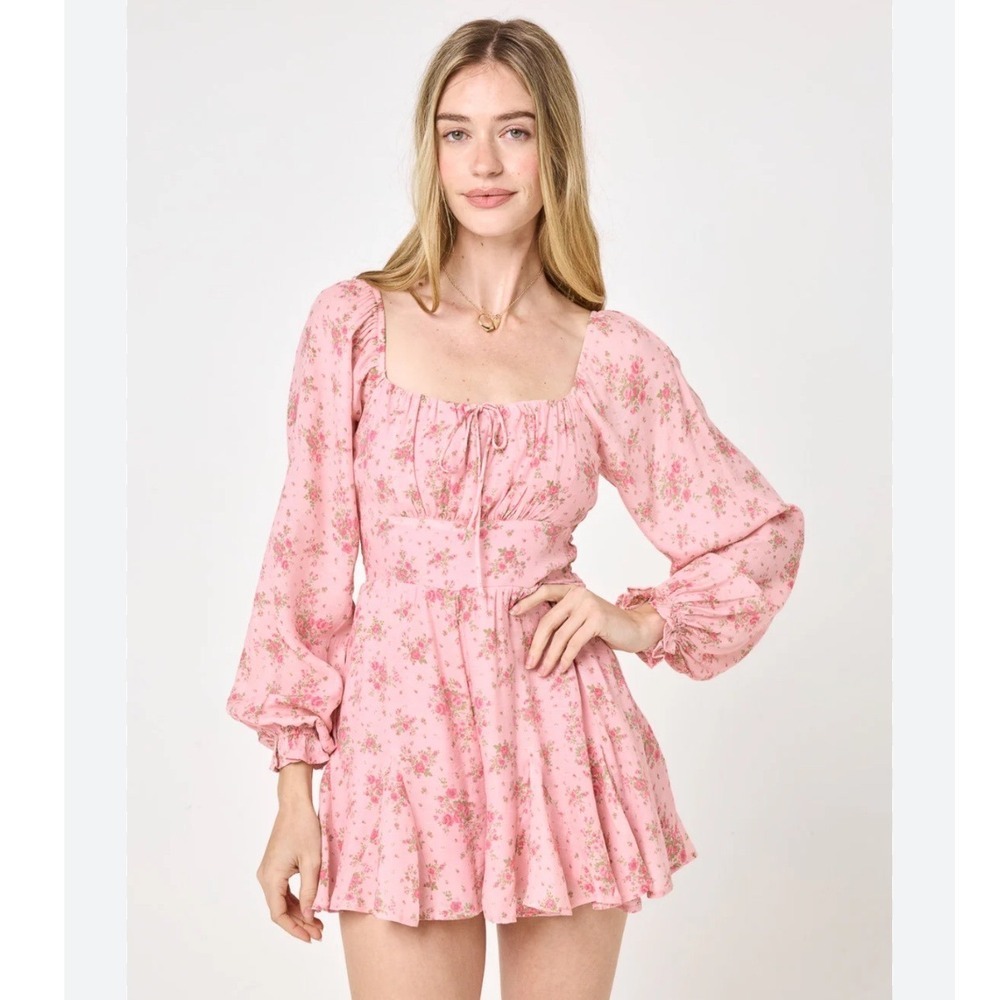 Trixxi Pink Floral Long Sleeve Romper Square Neck Smocked Back Size M